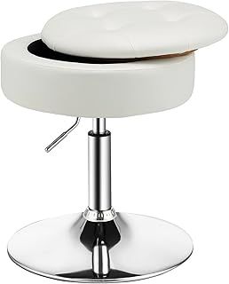 COSTWAY 360° Swivel Vanity Stool, Height Adjustable PU Leather Footstool Storage Ottoman with Removable Tray Lid, Modern Padded Round Footrest Accent Makeup Stool Chair for Living Room Bedroom (White)