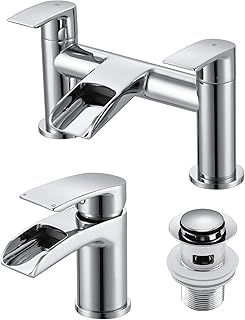 Basin Taps with Waste and Waterfall Bath Taps Mixer Filler Tub Tap, Monobloc Bathroom Sink Taps Semi-Open Chrome Bathroom Taps Set