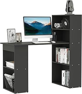 HOMCOM 120cm Computer Desk, Wooden PC Laptop Table with 6-Tier Storage Bookshelves, Home Office Working Study Desk, Writing Workstation, Black