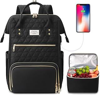 ETRONIK Laptop Lunch Backpack for Women, 15.6 inch Laptop Backpack with USB Port, Teacher Nurse Work Bag with Cooler Bag Insulated, Rucksack for Women Business Work Picnic, Gift, Black