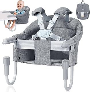 Orzbow Hook-on Seats,Portable Hook on High Chair with 5-Point Safety Harness,Shoulder Strap Mats and Removable Seat Cushion,Stable Clip on Baby Chair for Home and Restaurant (Grey)