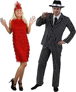 COUPLES 1920's GANGSTER & FLAPPER GIRL FANCY DRESS COSTUME - PINSTRIPE GANGSTER SUIT + BLACK TRILBY HAT | LADIES FRINGE FLAPPER DRESS WITH FEATHER HEADBAND BY ILOVEFANCYDRESS®