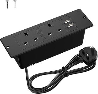 Recessed Power Outlet with 2 USB, Ohuo Recessed Power Strip with USB, Desktop Power Sokcet 2 Outlets Black with 2 Screws