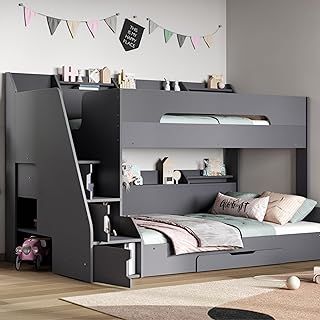 Small Double Bunk Beds for Kids, Staircase Bunk Bed with Storage, Heavy Duty and Sturdy, Cosy, Stylish, Space-Saving Design (Grey)