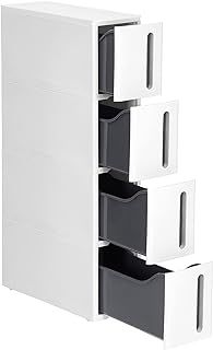 SONGMICS Storage Tower on Wheels, Narrow Kitchen Column, 4 Tier Plastic Shelf, Space Saving, 45 x 17 x 84 cm, White and Grey KFR008G01
