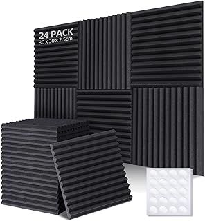 Ohuhu Acoustic Foam Panels 24 Pack with Double-sided Tape, 1"x12"x12" Sound Proofing Panels Acoustic Panels Acoustic Wall Panels Sound Absorption Fireproof for Recording Studio Office Home