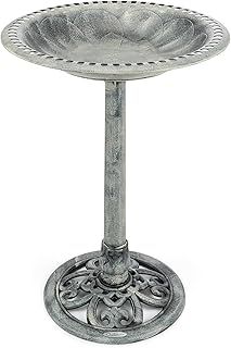 CHRISTOW Plastic Resin Bird Bath for Garden, Round Pedestal Birdbath, Traditional Victorian Style, Rustic Metal Effect, Standing Outdoor Water Bowl, 60cm x 43cm x 43cm (Grey)