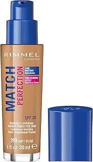 Rimmel Match Perfection Foundation 200 Soft Beige, Medium Coverage, 24hr Hydration, No Caking or Creasing, Lightweight, Reduces Imperfections, Invisible Coverage, SPF20, Cruelty Free
