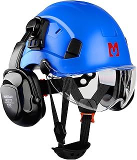 Mustbau Construction Hard Hats Ventilated Safety Helmet with Clear Visor,Hearing Protection,Earmuffs and Chin Strap,53 to 63 cm Adjustable Hard Hat for Forestry, Chainsaw, Industrial