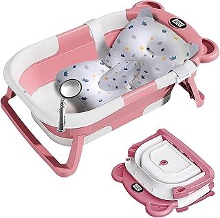 Foldable Baby Bath Tub - Newborn to Toddler Portable, Collapsible Travel Multifunctional Baby Bath Tub with Anti-Slip Mat, Drain Hole, Thermometer - Grey