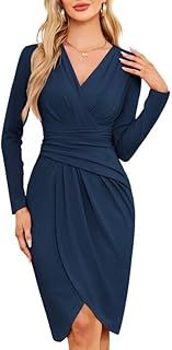 JASAMBAC Evening Dresses for Women Long Sleeves Wedding Guest Dress Elegant Cotail Dresses Ruched Wrap Bodycon Soft Pencil Midi-Dress for Work Business Party