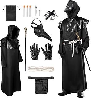 Plague Doctor Costume Suit, Plague Doctor Outfit Steampunk Fancy Dress Plague Doctor Robe with Plague Doctor Mask Scepter Cross Necklace Belt Pouch, Halloween Costumes for Adults