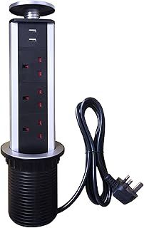 Pop Up Socket, Pull Pop Up Electrical Plug Socket with 3 UK Sockets & 2 USB Charger Ports for Home Office Kitchen Worktops Desktop, Aluminum Alloy Shell, 1.8 m Extension Cord