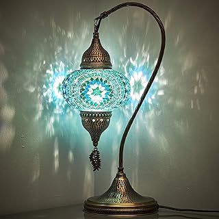 Turkish Moroccan Tiffany Style Handmade Colorful Mosaic Table Desk Bedside Night Swan Neck Lamp Light Lampshade, 19" (Turquoise)