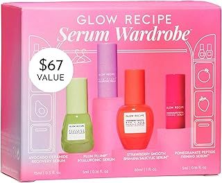 Glow Recipe Serum Skin Care Set - Avocado Ceramide Serum + Strawberry Smooth AHA BHA Serum + Plum Plump Hyaluronic Acid Serum + Pomegranate Peptide Firming Serum Set - 4 Piece Travel Skincare Gift Set