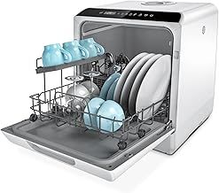Hermitlux Table Top Dishwasher, Mini Countertop Dishwasher with 4 Place Settings, 5L Built-in Water Tank, 6 Programmes, Touch Control, Baby Care and Fruit Wash, White
