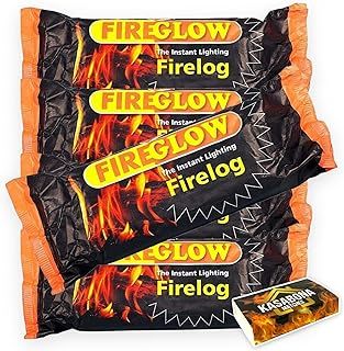 Fireglow Instant Lighting Firelog Open Fires Chimineas Enviromentally Frienly Fire Individually Wrapped with KasaBona Safety Matches (6 Logs)