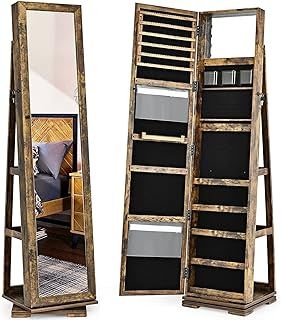 COSTWAY 3-in-1 Jewelry Cabinet, Lockable Jewelry Armoire Storage Unit with Full Length Mirror and Display Shelf, Home Bedroom Dressing Room Cosmetics Jewellery Organiser (360° Swivel Rustic Brown)