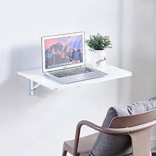 Wall Mounted Folding Table, Drop Leaf Wall Shelf, Floating Foldable Table, Mounted Desk for Small Spaces, Wooden Space Saving Hanging Table for Study Bedroom Laundry Balcony Kitchen, White