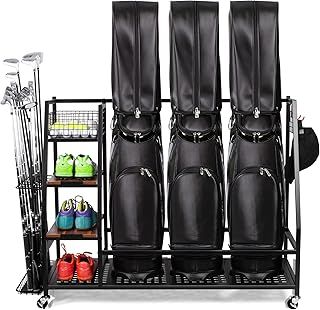 Golf Storage Rack with Lockable 360° Wheels, Heavy-Duty Metal Golf Storage Organiser with Wooden Shelves & Hooks, Golf Club Stand for 2/3 Bags, for Shoes/Indoor/Garage, Up to 136kg/300lbs