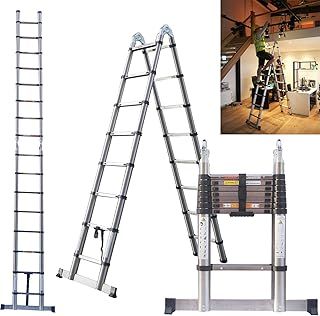 5m Telescopic Ladders EN131 Standards with Stabiliser, 2.5m+2.5m A Frame Telescopic Multi Purpose Combination Step Ladder, Extension Ladders Extendable Folding Garden Loft Ladder for Window Cleaning