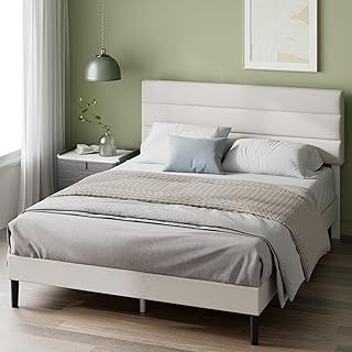 ZINUS Piper Double Bed Frame – Bed 135 x 190 cm – 30cm Height – Upholstered platform bed frame with Headboard – Wooden slat support – Off White