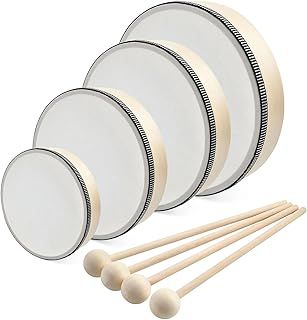 Akamino 4 Pack 4 Sizes Wooden Hand Drum Set,Wood Frame Drums with Drum Sticks,6/7/8/10 Inch Musical Instrument Percussion Drum for Rhythm Learning,Music Enlightenment