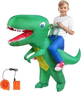 Dinosaur Costume, Deluxe Dinosaur Inflatable Costume T-Rex Blow up Fancy Dress for Kids, Funny Ride-on Green Dinosaur Halloween Costumes for Halloween Cosplay Masquerade Party, Green