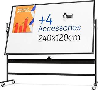 Rolling Magnetic Whiteboard 240 x 120 cm - Large Portable Dry Erase Board with Stand - Double Sided Easel Style Whiteboard with Wheels - Mobile Standing Whiteboard for Office, Classroom & Home