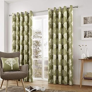 Fusion - Woodland Trees - 100% Cotton Pair of Eyelet Curtains - Green - 90" Width x 90" Drop (229 x 229cm)