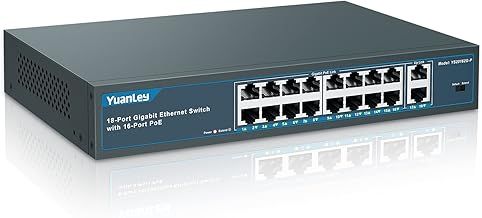 YuanLey 18 Port Gigabit PoE Switch, 16 PoE+ Port 1000Mbps, 2 Gigabit Uplink, 250W 802.3af/at, Metal Desktop/Rackmount, Unmanaged Plug and Play Network Switch
