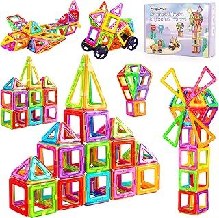 Crenova Magnetic Building Blocks Magnetic Tiles for Kids, 50PC Magnetic Building Blocks Toys for 3 4 5 6 7 8 Year Old Boys Girls Gift Magnets for Kids Toys, Montessori Toddler Toys