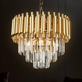 Gold Crystal Pendant Light 3 Tiers Crystal Chandelier Round Chandelier Lampshade Flush Mount Ceiling Lighting Fixture for Kitchen Living Room Dining Room Restaurant,5xE14 Lights