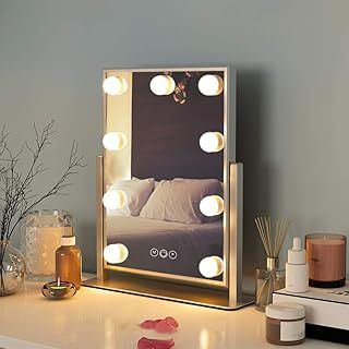 FENCHILIN Vanity Mirror with Lights Makeup Mirror with Lights 9 LED Bulbs Lighted Hollywood Mirror Light up Vanity Mirror 360° Rotation 3 Color Lighting Modes 10X Magnifying Dressing Table Mirror