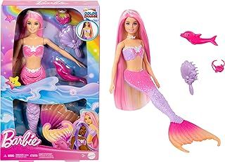 Barbie Mermaid Doll, “Malibu” with Pink Hair, Styling Accessories, Pet Dolphin and Water-Activated Color Change Feature, HRP97