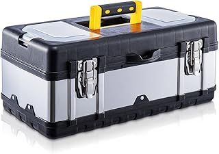 Holdfiturn ToolBox Storage 17 Inch Heavy Duty Stainless Steel Portable Toolbox with Metal Dual Latch Removable Tray Storage Case 2 Lid Organisers for Small Parts for Tools