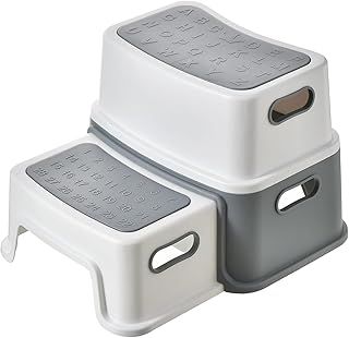 Latawon 2 Step Stool for Kids,Anti-Slip Sturdy Toddler Bathroom,Toddler Potty Training, with Numbers/ABC and Handles,Double Plastic Bathroom, Kitchen, Toilet(Grey)
