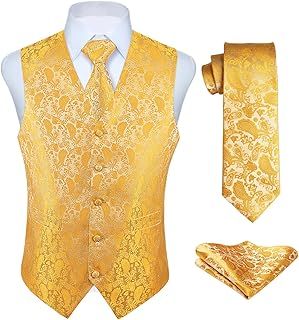 Enlision Waistcoats for Men Paisley Wedding Waistcoat Tie Pocket Square Floral Jacquard Party Suit Vest Set