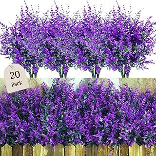 Sredumn 20 Bundles Artificial Flowers, artificial plants outdoor,UV Resistant Plastic Shrub Fake Flowers, for outside, garden, hanging, basket, fence, window, trellis decoration(Purple)