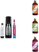 SodaStream Terra Sparkling Water Maker Machine, with 1 Litre Reusable BPA-Free Water Bottle for Carbonating & 60 Litre Quick Connect CO2 Gas Cylinder – Black + 3 x Organic Flavours Drink Mixes