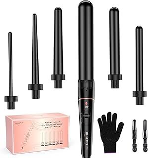 Hair Curler 6-in-1 Curling Wand Set, Curling Iron with 2 Temperature Control, Curling Tongs with Heat-Resistant Glove and 2 Hair Clips