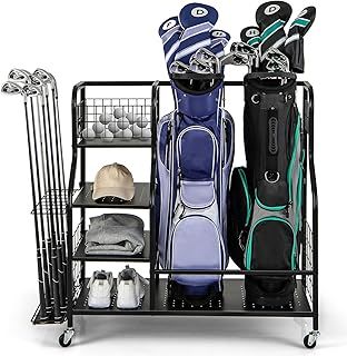 Golf Storage Rack, Extra Large Golf Bag Stand Storage Rack with Lockable Universal Wheels and Removable Hooks, All-in-1 Golf Garage Organizer for Golf Clubs