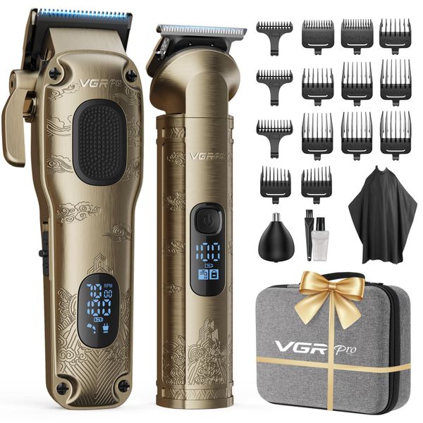 VGRPRO Hair Clippers Men Professional, Mens Clippers and Trimmers Set, USB Rechargeable Cordless Hair Clippers for Hair Cutting, Electric T-Blade Hair Trimmer for Men with Package Case (Gloden)