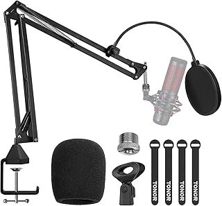 Microphone Arm Stand, TONOR Adjustable Suspension Boom Scissor Mic Stand with Pop Filter, 3/8" to 5/8" Adapter, Mic Clip, Upgraded Heavy Duty Clamp for Blue Yeti Nano Snowball Ice and Other Mics(T20)