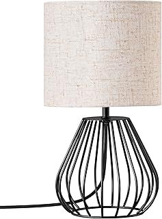 EDISHINE Bedside Lamp, Table Lamp with Metal Cage Base & Linen Lampshade, Modern Lamps for Living Room Bedroom, E14 Socket (Bulb Included), Teardrop Cage, Black
