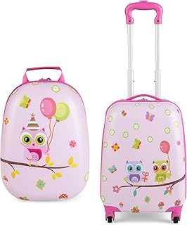 Maxmass 2PCS Kids Luggage Set, 12" & 16" Hard Shell Children Trolley Case with 4 Universal Wheels, Girls Boys Suitcase and Backpack Set for Travel (Pink, Owl)