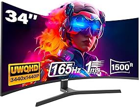 34 Inch Curved Gaming Monitor, Ultrawide 1500R PC Screen, 165Hz / 144Hz Computer Monitor Height Adjustable with FreeSync, Support HDMI, DP, Wallmount 75x75mm(Doesn't built-in speakers)