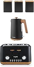 Salter Toronto Kettle, Toaster & Countertop Set – Includes Tea, Sugar, Coffee Canisters, Rapid Boil, 4-Slice Wide Slots, Storage Canisters, Wooden Accents, Matt Black