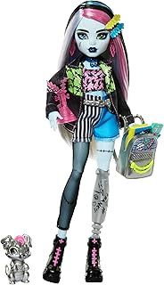 Monster High Frankie Stein Doll in Denim Jacket and Shorts, Includes Pet Dog Watzie and Accessories like a Backpack, Snack and Notebook, HXH73