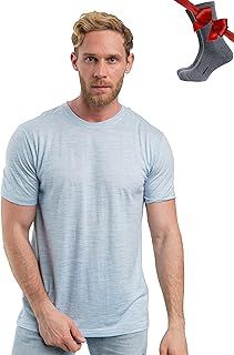 Merino Wool T Shirt Mens - 100% Organic Merino Wool Base Layer Men Undershirt Lightweight + Hiking Socks